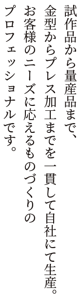 試作品から量産品まで、金型からプレス加工までを一貫して自社にて生産。お客様のニーズに応えるものづくりのプロフェッショナルです。